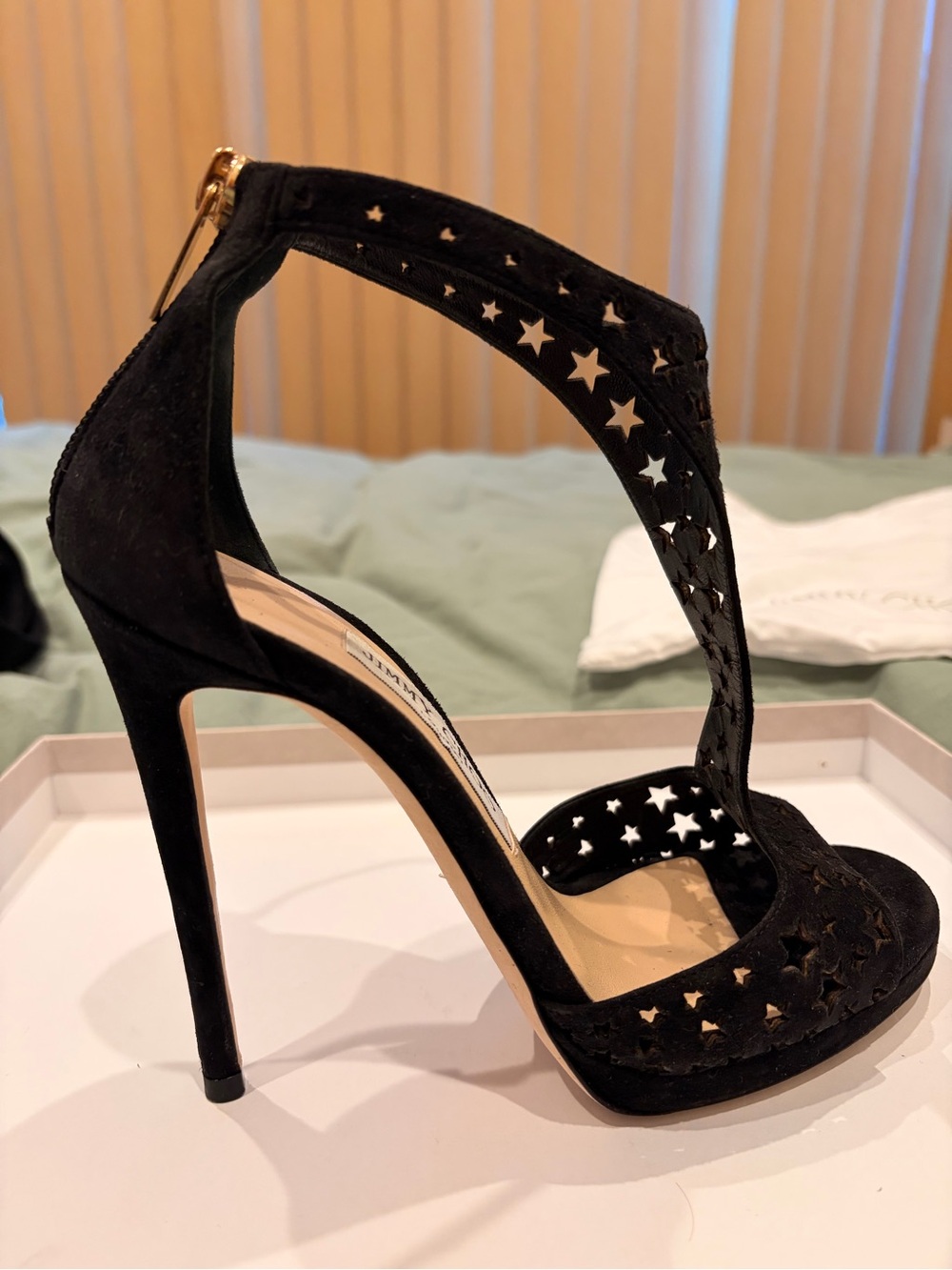 Jimmy Choo Black Star Cutout Suede T-Strap Stilettos - Picture 9 of 16